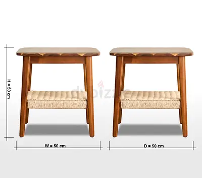 Pair of Mid-Century Wooden Side Stools with Woven Shelf - 50x50x50cm