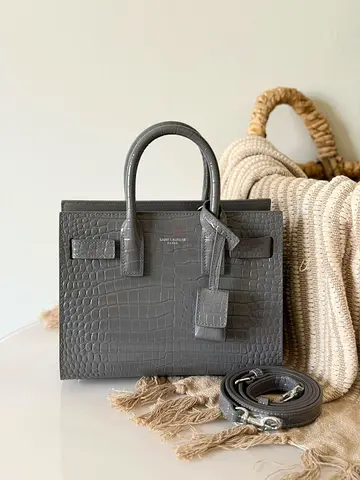 Gray Croc-Embossed Structured Top-Handle Bag with Strap