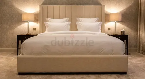 Comfortable Upholstered Bed – Thick Cushioned Headboard – Soft Beige Fabric