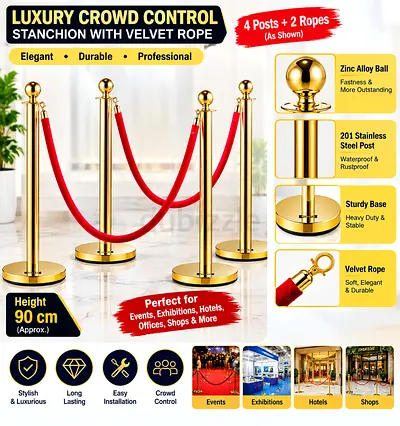 Set of 4 Gold Stanchion Posts with 2 Red Velvet Ropes - Crowd Control