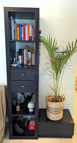 2 Tall Narrow Black Bookcase with Drawers - Good Condition