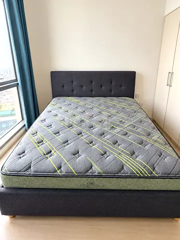 Queen-size Fabric Bed Frame with Mattress + storage - Good Condition