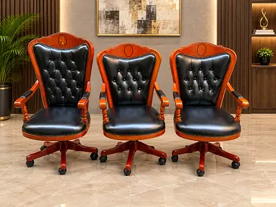 Fratelli Mascheroni Set of 3 Classic Leather Office Chairs with Wooden Frame