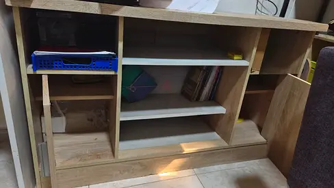 Wooden TV Entertainment Unit with Open Shelves and Cupboard