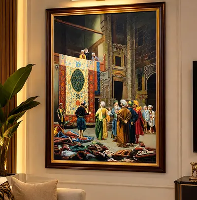Framed Oriental Carpet Market Oil Painting — Original Hand Large Wall Art