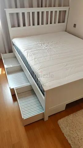 White Wooden Double Bed with Under-Bed Drawers (Good Condition)