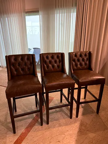 Set of 3 Brown Tufted Leather Bar Stools with Footrest
