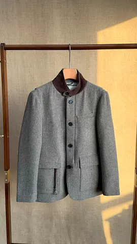 Loro piana Men's Grey Wool Jacket with Brown Collar
