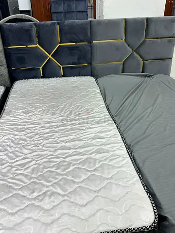 Queen size mattress with upholstered geometric headboard - good condition