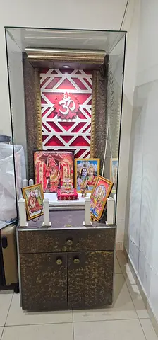Wooden Pooja Mandir with Storage Cabinet and Lighting
