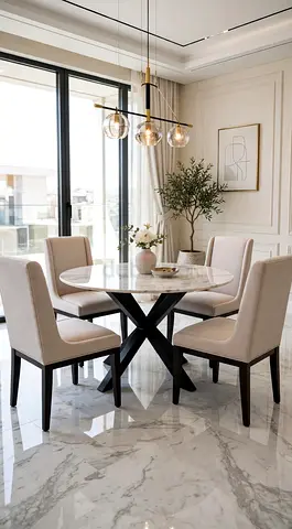 Round Marble Dining Table with 4 Upholstered Chairs