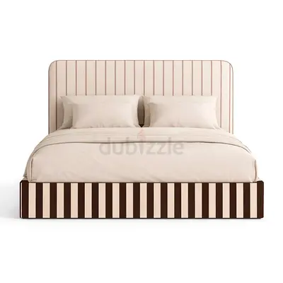 Striped Upholstered Double Bed with Padded Headboard