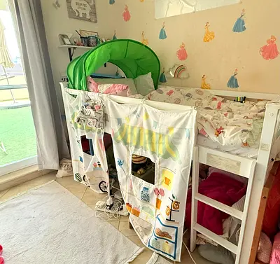 White Kids Loft Bed with Play Tent and Storage Curtains - Good Condition
