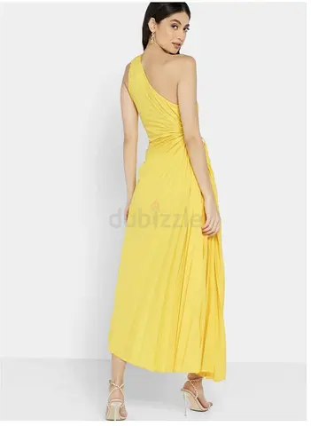 Yellow One-Shoulder Midi Dress - Size M, Pleated Fabric