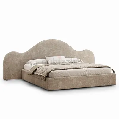 King Size Upholstered Bed with Curved Headboard - Beige