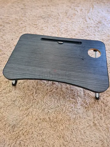 Portable folding laptop table with cup holder — grey wood finish