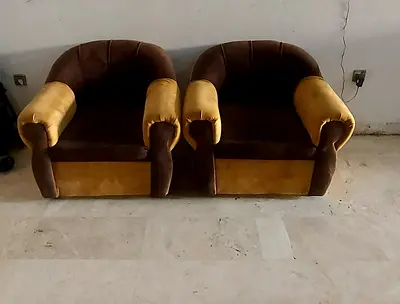 Pair of brown and mustard 2-seater sofa chairs - used, good condition