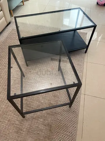 Set of 2 Glass Top Side Tables with Black Metal Frame