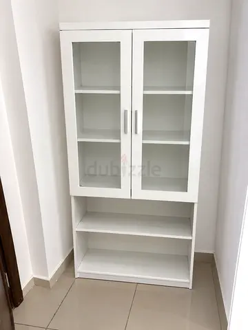 White Glass-Door Cabinet with Open Shelves - Good Condition