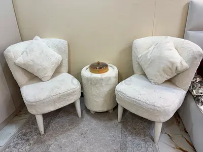 Pair of Cream Upholstered Accent Chairs with Small Matching Ottoman/Table