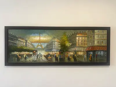 Framed Paris Street Scene Oil Painting with Eiffel Tower