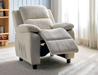 Light grey fabric single recliner armchair with footrest