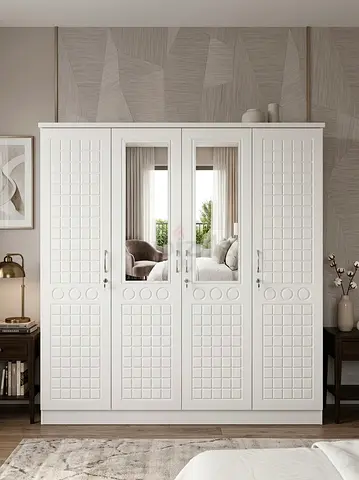 White 4-Door Wardrobe with Mirrored Center Panels - brand new