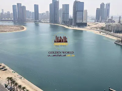 For rent in Al Khan Al Mamzar: 3BR + living, 3 master bedrooms, maid’s room, 5 baths, balcony, open sea view, luxury finishing, free parking, pool & g