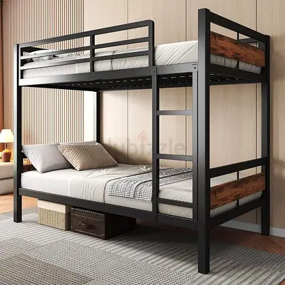 Sturdy Metal Bunk Bed with Wooden Accent - Double Over Double