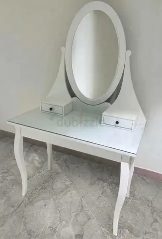 Ikea White Wooden Dressing Table with Oval Mirror and Two Drawers