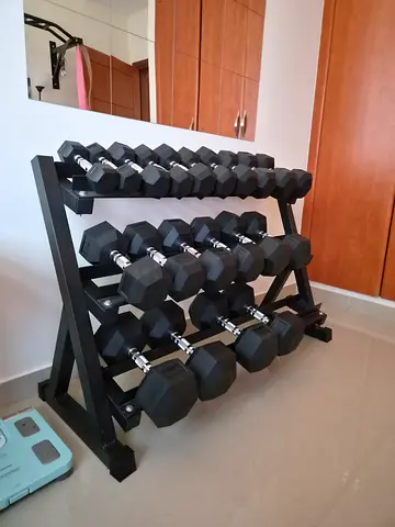 Hex Rubber Dumbbell Set with 3-Tier Rack — Various Weights