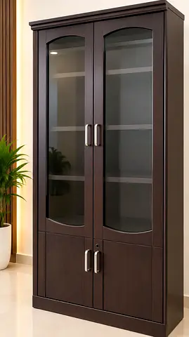 Dark wood display cabinet with glass doors - good condition