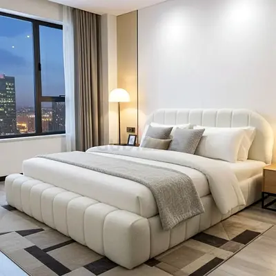 Modern upholstered queen bed with padded headboard — white