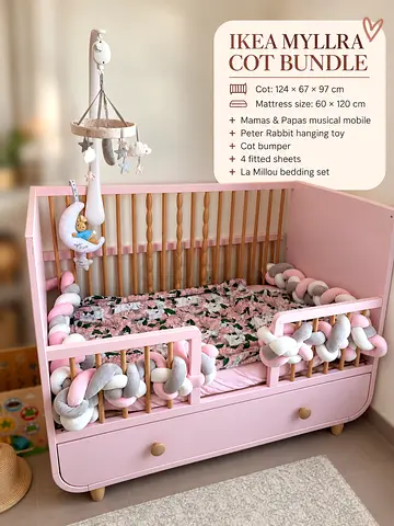 IKEA Myllra Cot Bundle with Mattress, Mobile,Bumper and Bedding Set  - Pink