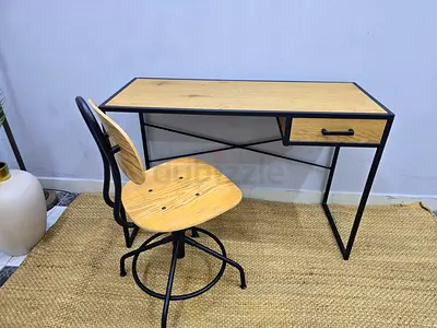 Industrial-style desk with matching swivel chair - light wood & black metal