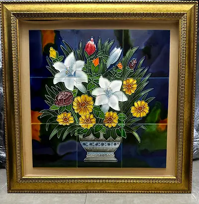 Framed Floral Tile Mural – Vintage Decorative Wall Art