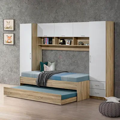 New Coda Bridge Single Cabin Bed with Full Wall Cabinet and Pull Out - 90x200 cm