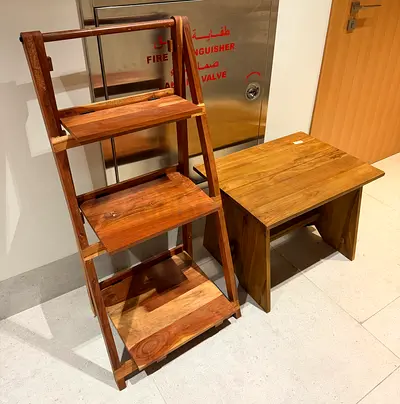 Solid Wood 3-Tier Ladder Shelf + Small Bench — Good Condition – Quick Sale