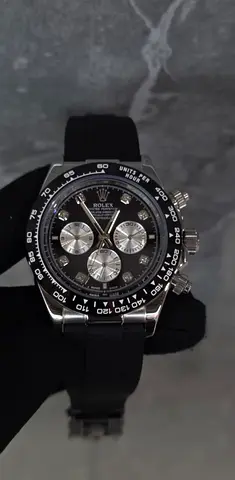 Rolex-style Chronograph Watch with Black Dial and Rubber Strap
