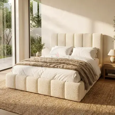 Modern upholstered  bed with tufted headboard — cream boucle