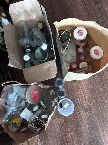 Glass and plastic bottles and jars