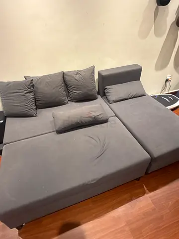 Grey L-shaped Fabric Sofa Cum Bed from IKEA with Cushions - Good Condition
