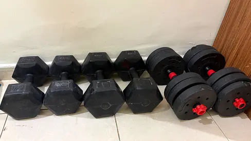 Set of Hex Rubber Dumbbells + Adjustable Plate Dumbbells — Non Used