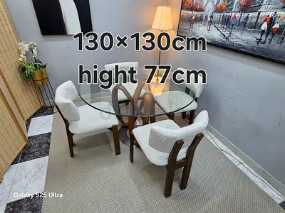 Round Glass Dining Table with 4 Upholstered Wood Chairs - Modern Set