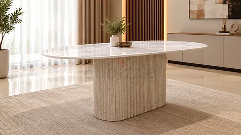 Marble Top Oval Dining Table with Textured Pedestal Base