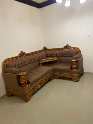 Ornate L-shaped Wooden Frame Sofa with Gold Carved Details