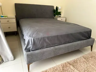 Grey upholstered double bed frame with headboard - good condition