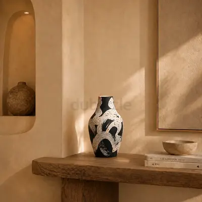 Decorative Ceramic Vase with Brown and White Abstract Design