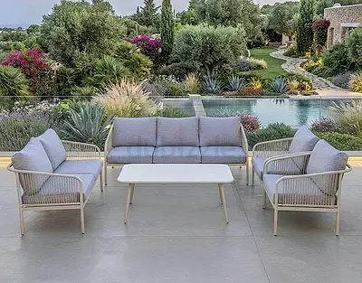 Elegant 7 seater Outdoor patio sofa set with coffee table — Light Beige with Grey Cushions