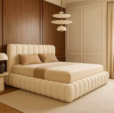Cream upholstered platform bed with rounded tufted base and headboard